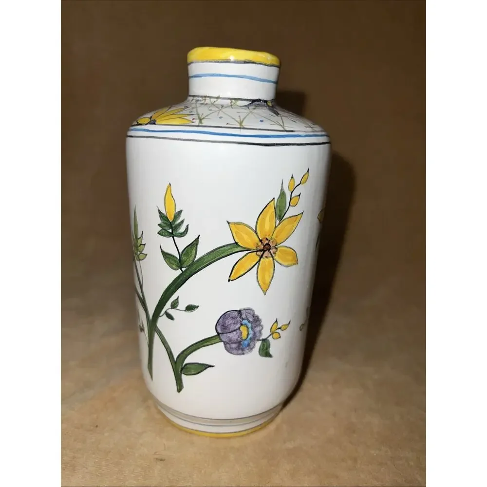 Vintage 1987 HS Ceramica Hand Painted Brazil Floral Bud Vase Yellow Purple 6.5